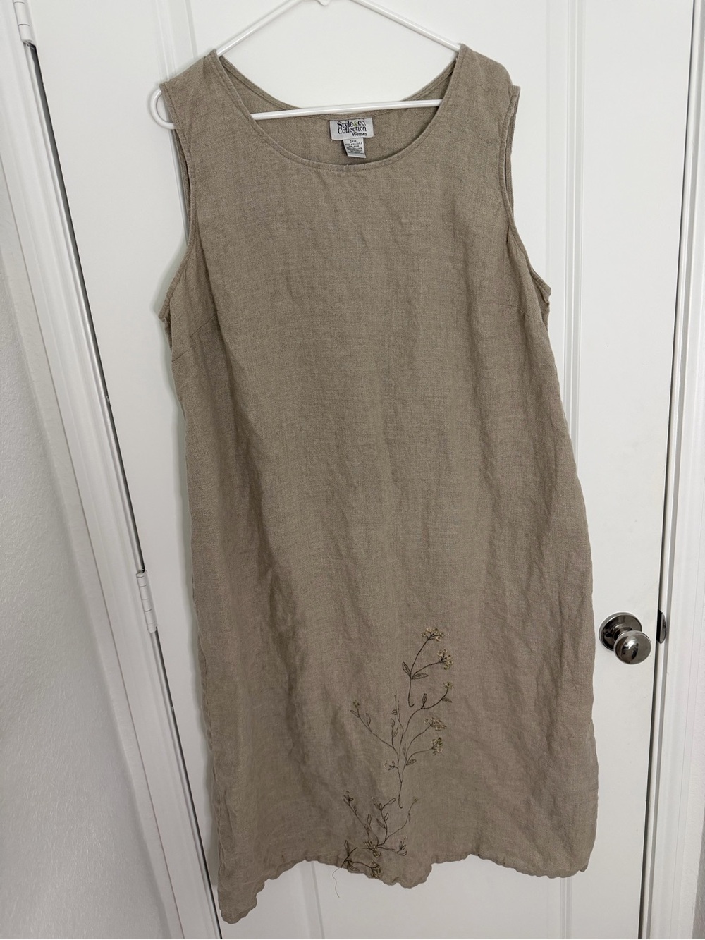 Style & Co. Sleeveless 100% Linen Shift Dress in Taupe with Embroidered Flora